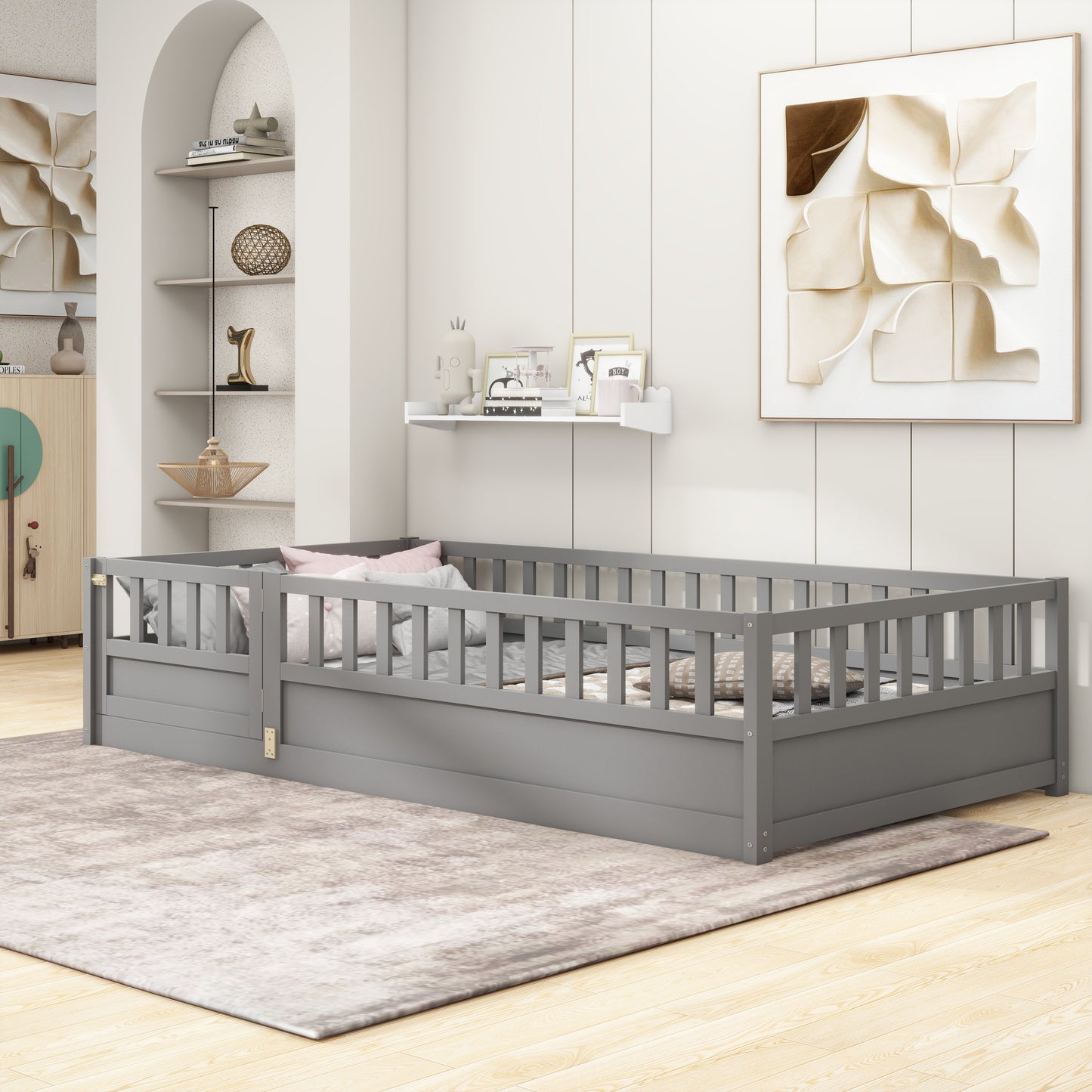 Twin floor bed with high security barrier and door, gray