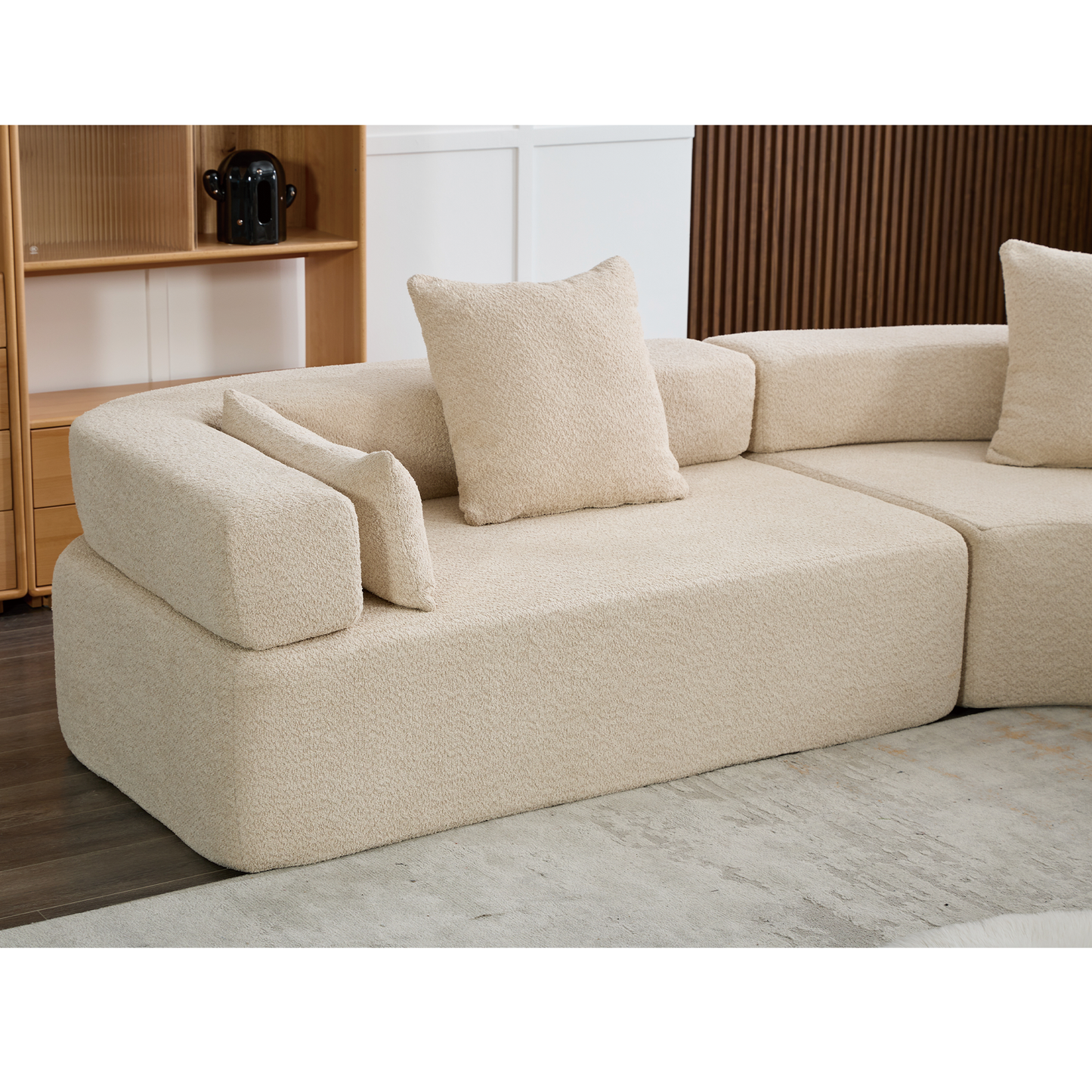 Oversized Curved 4-Seater Modular Sofa, 3-Piece Boucle, Khaki