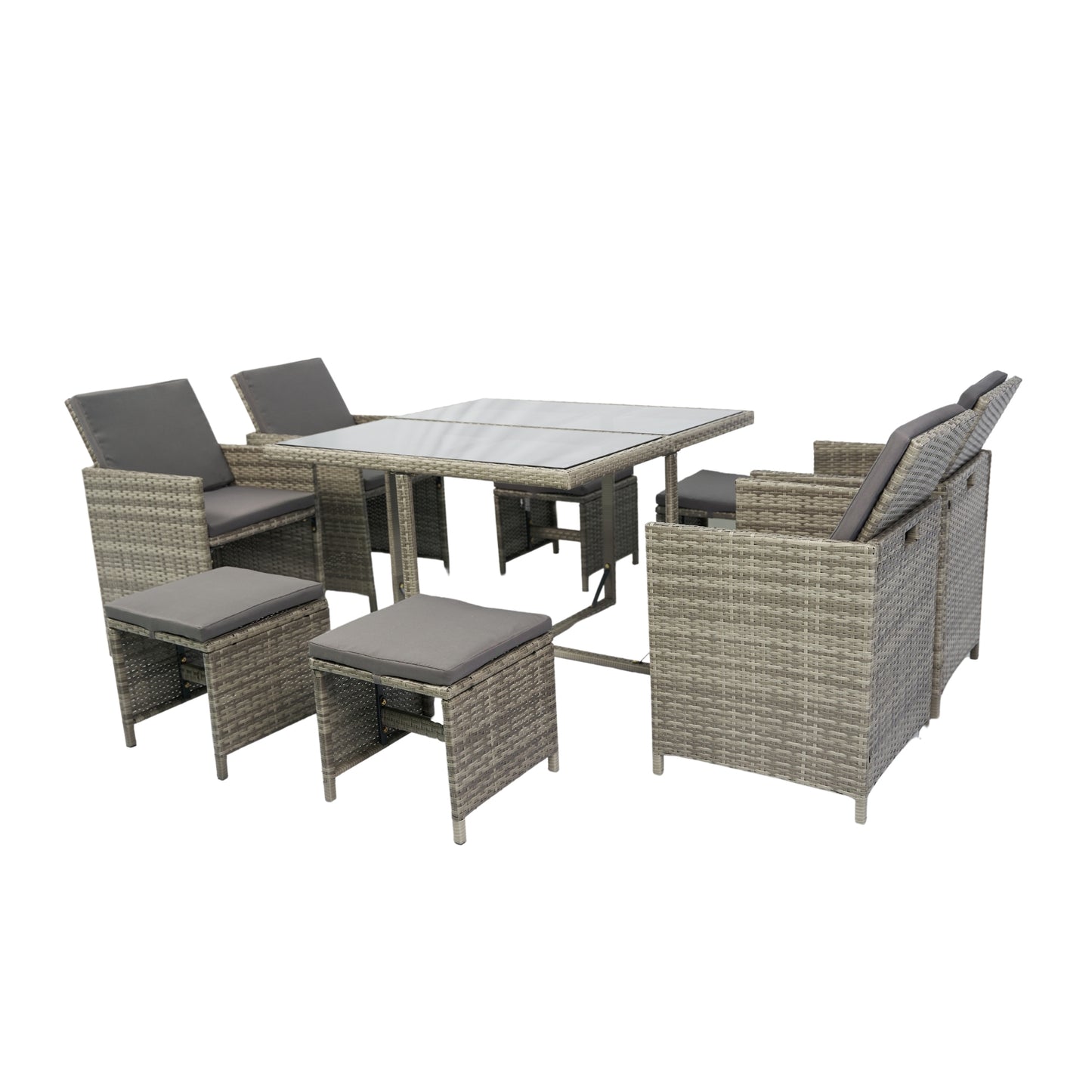 9-piece patio dining set with glass table, grey wicker, grey cushions