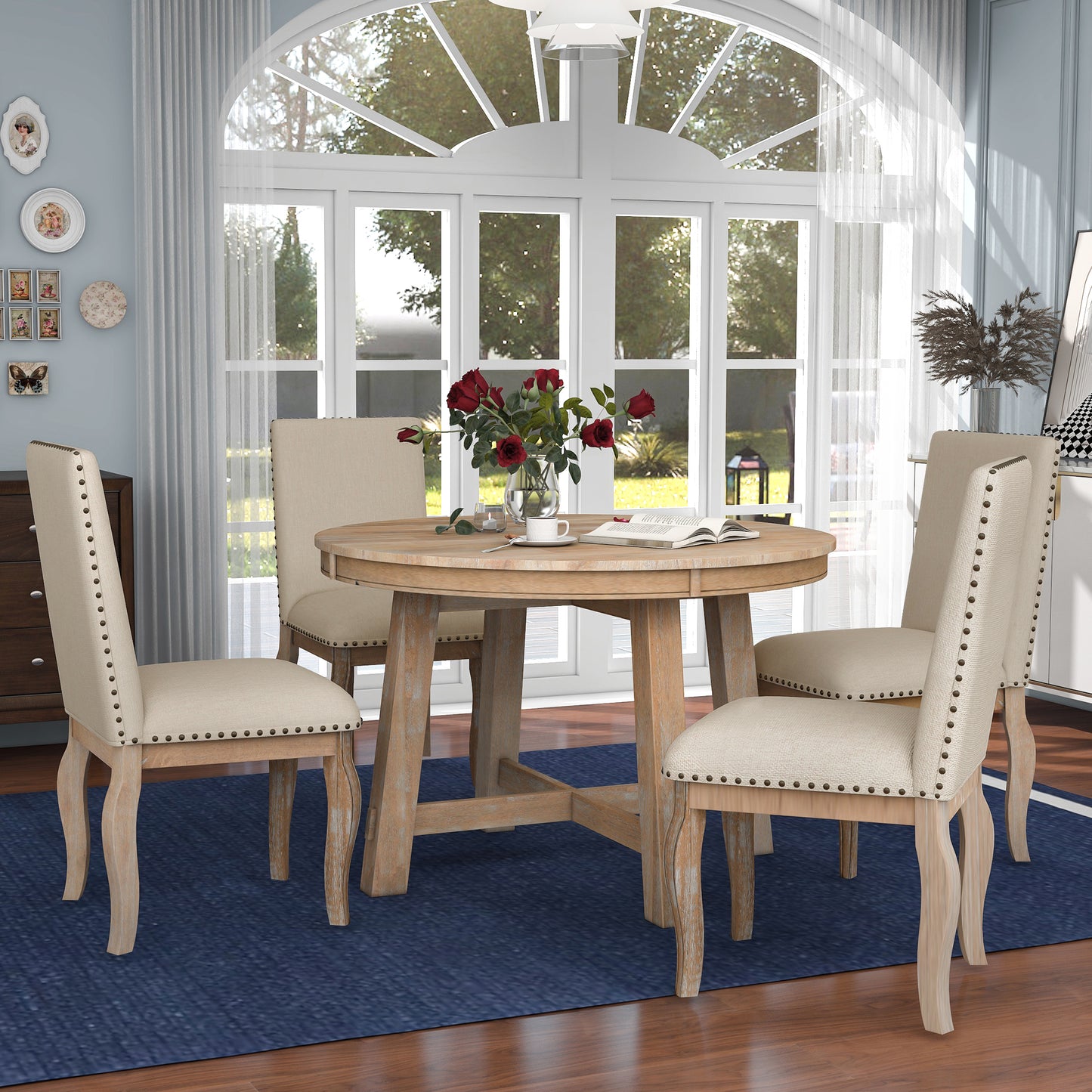 5-piece farmhouse round extendable dining set, natural wood wash, upholstered chairs