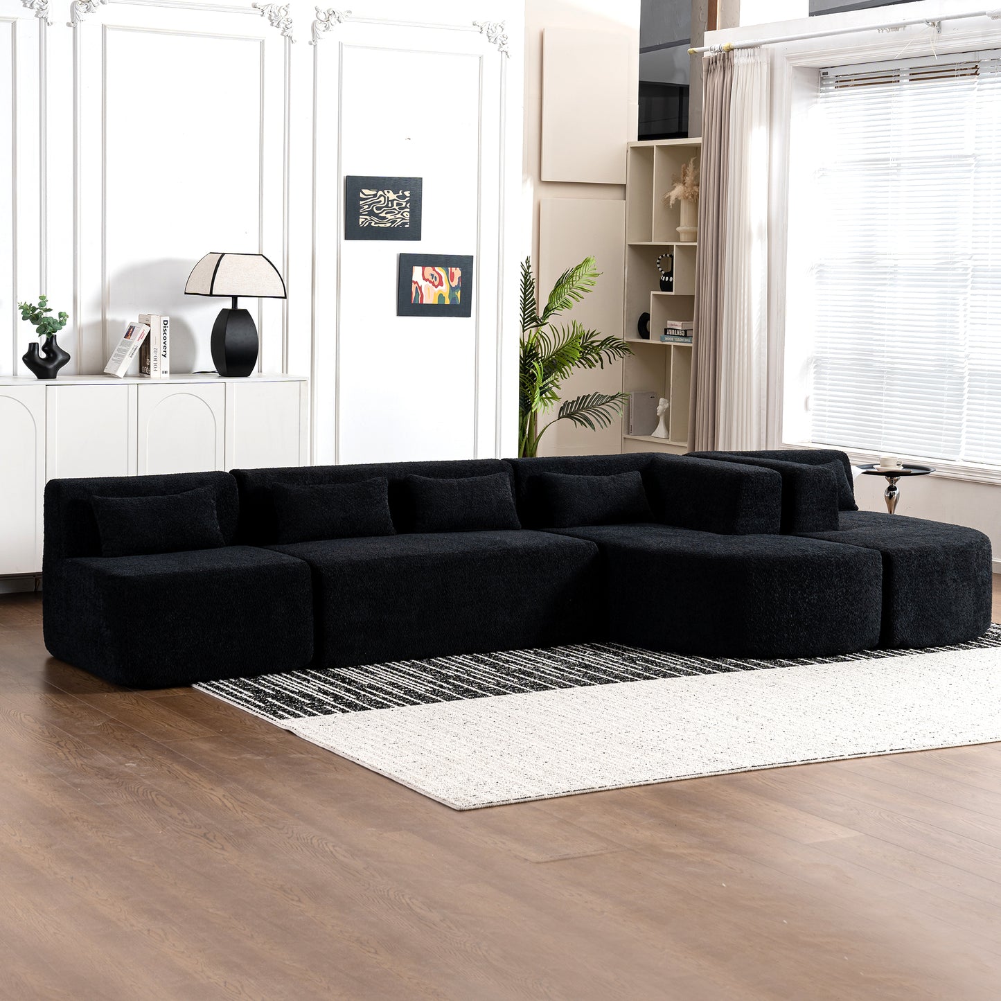 143.7 Upholstered Sofa with Chaise and Back Pillows, Black