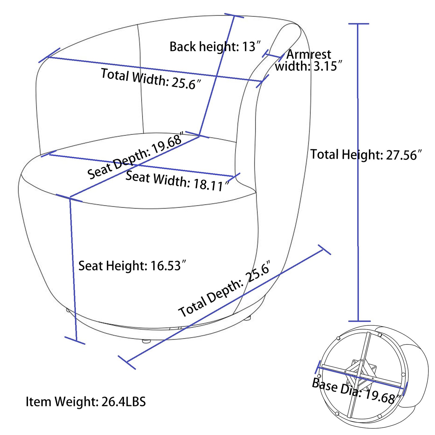 Accent Swivel Armchair with a black metal ring - Dark Blue