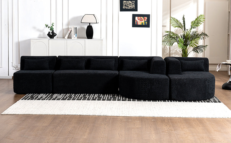 143.7 Upholstered Sofa with Chaise and Back Pillows, Black