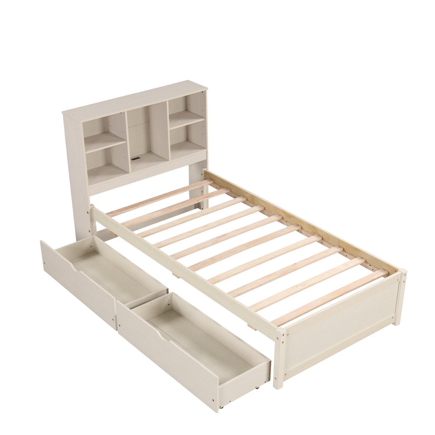 Modern twin bed frame with USB port, bookcase headboard, and drawers, white washed