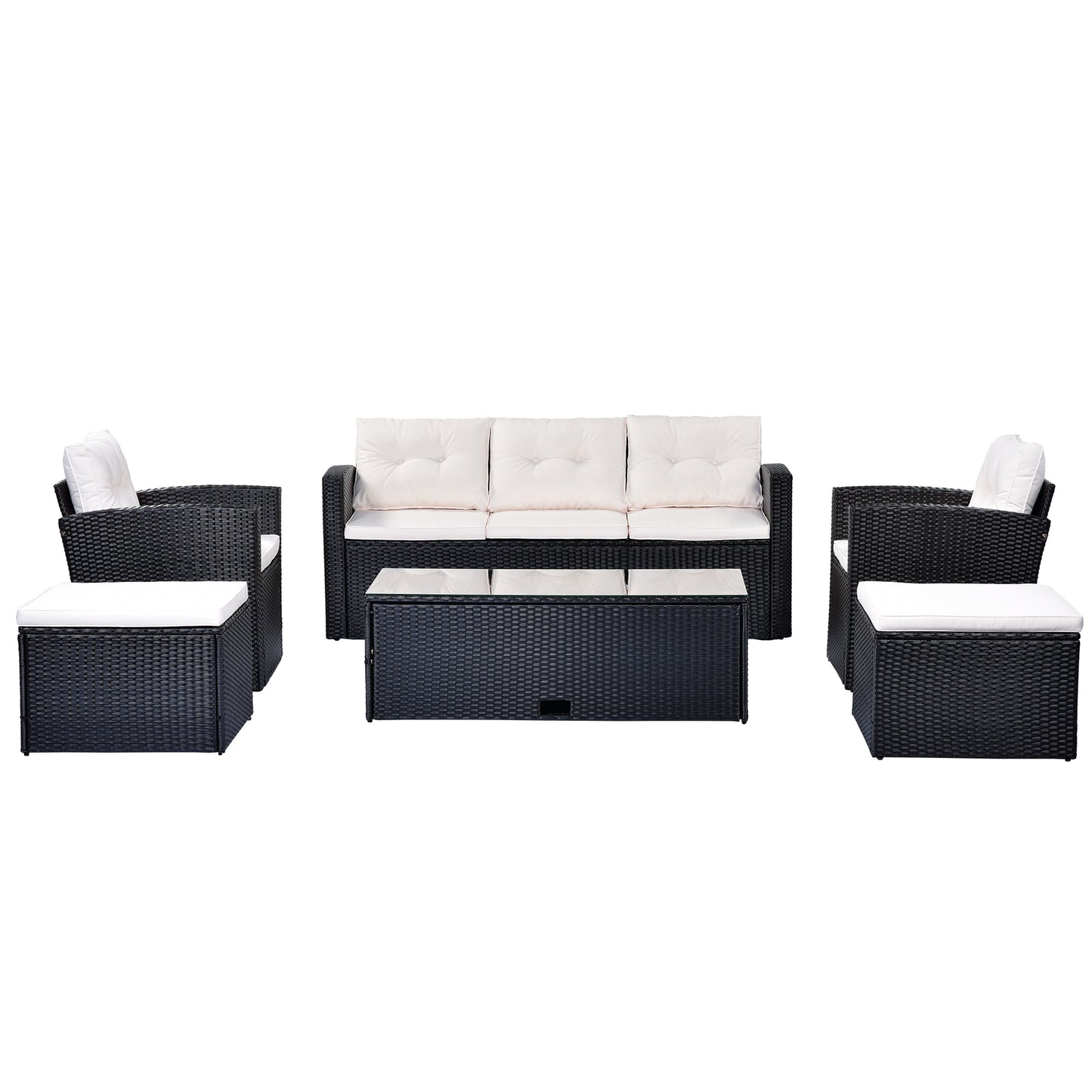 6-piece wicker patio sectional set with coffee table, black wicker, beige cushions