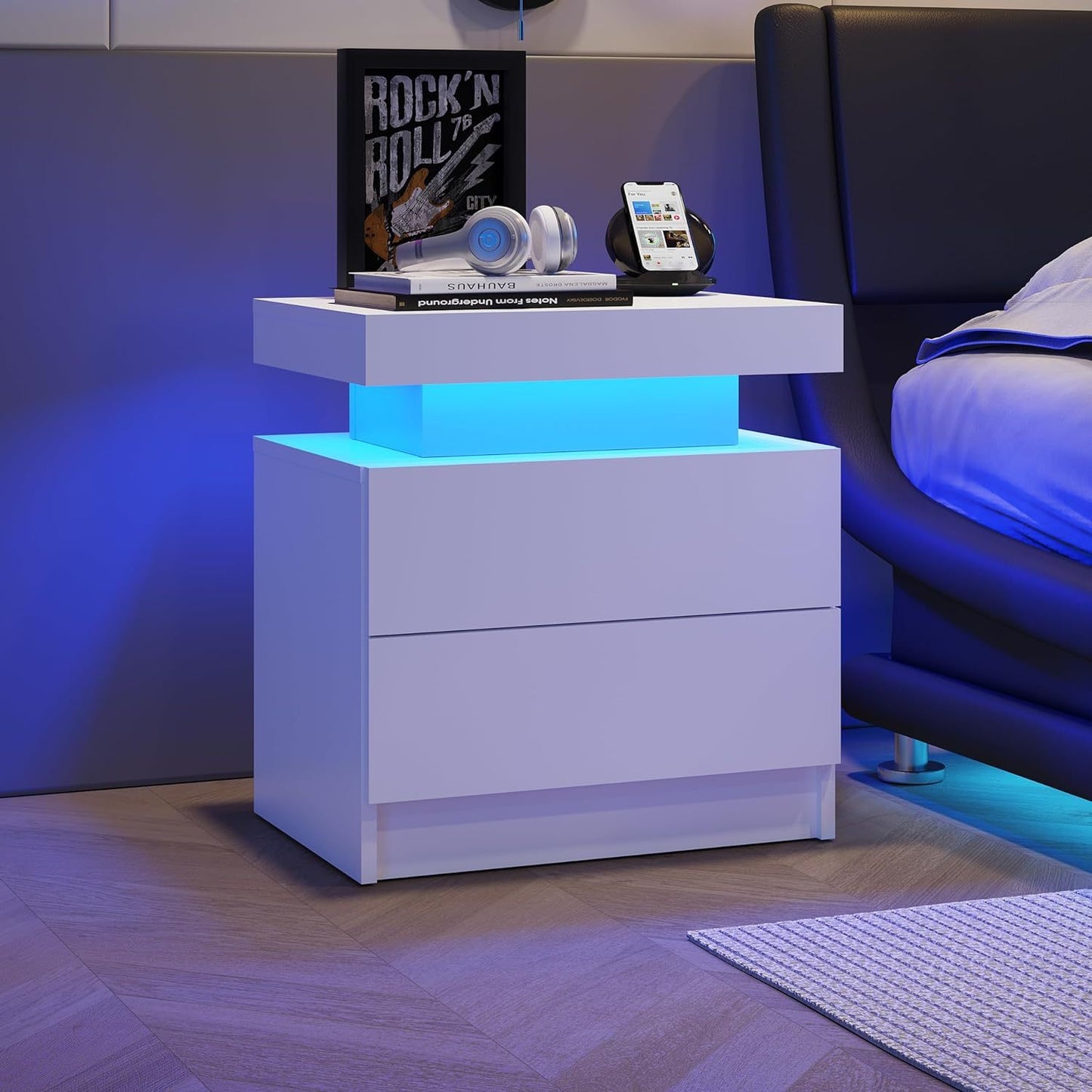 Modern LED nightstand with 2 drawers, white