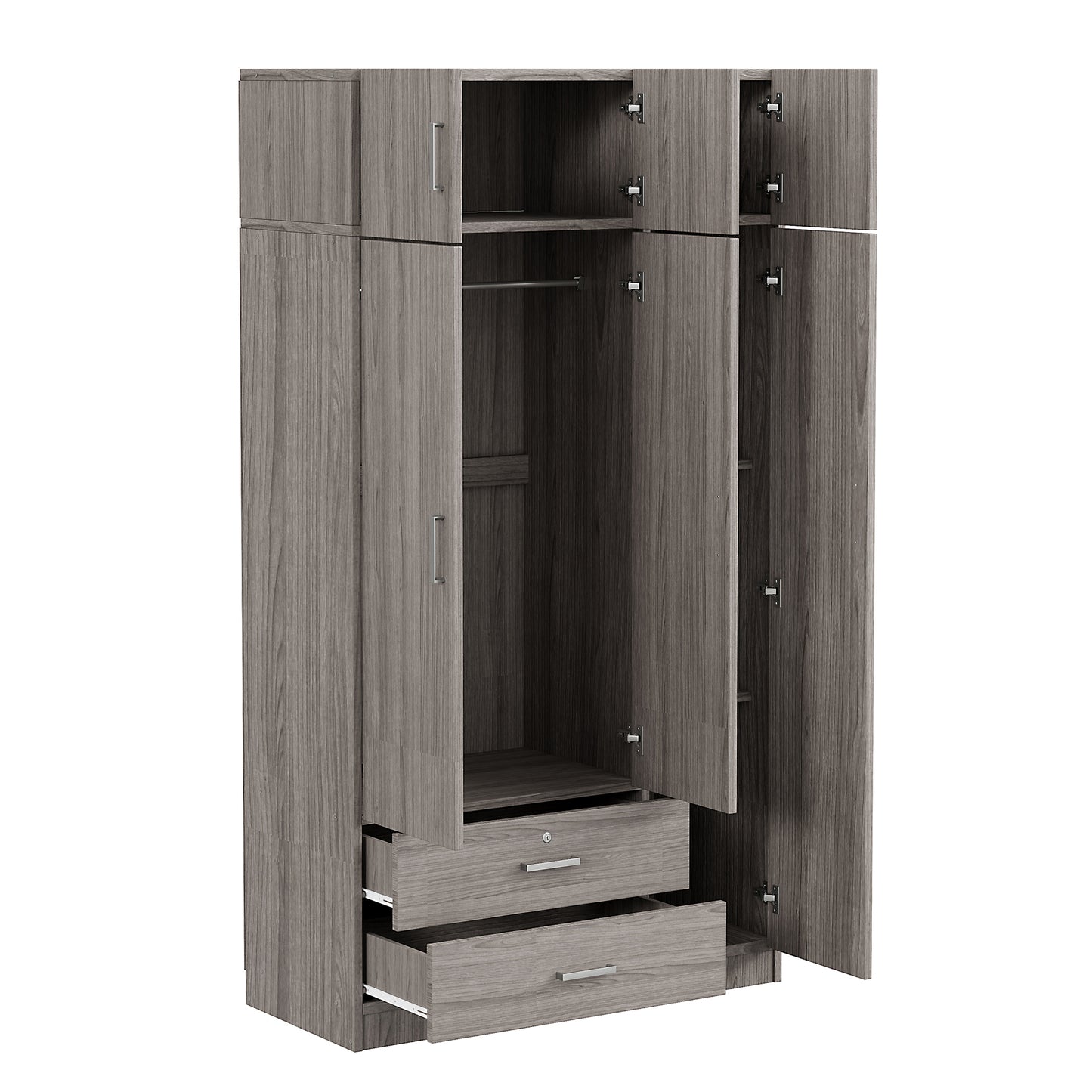 3-door mirror dresser wardrobe with 2 drawers and top cabinet, gray