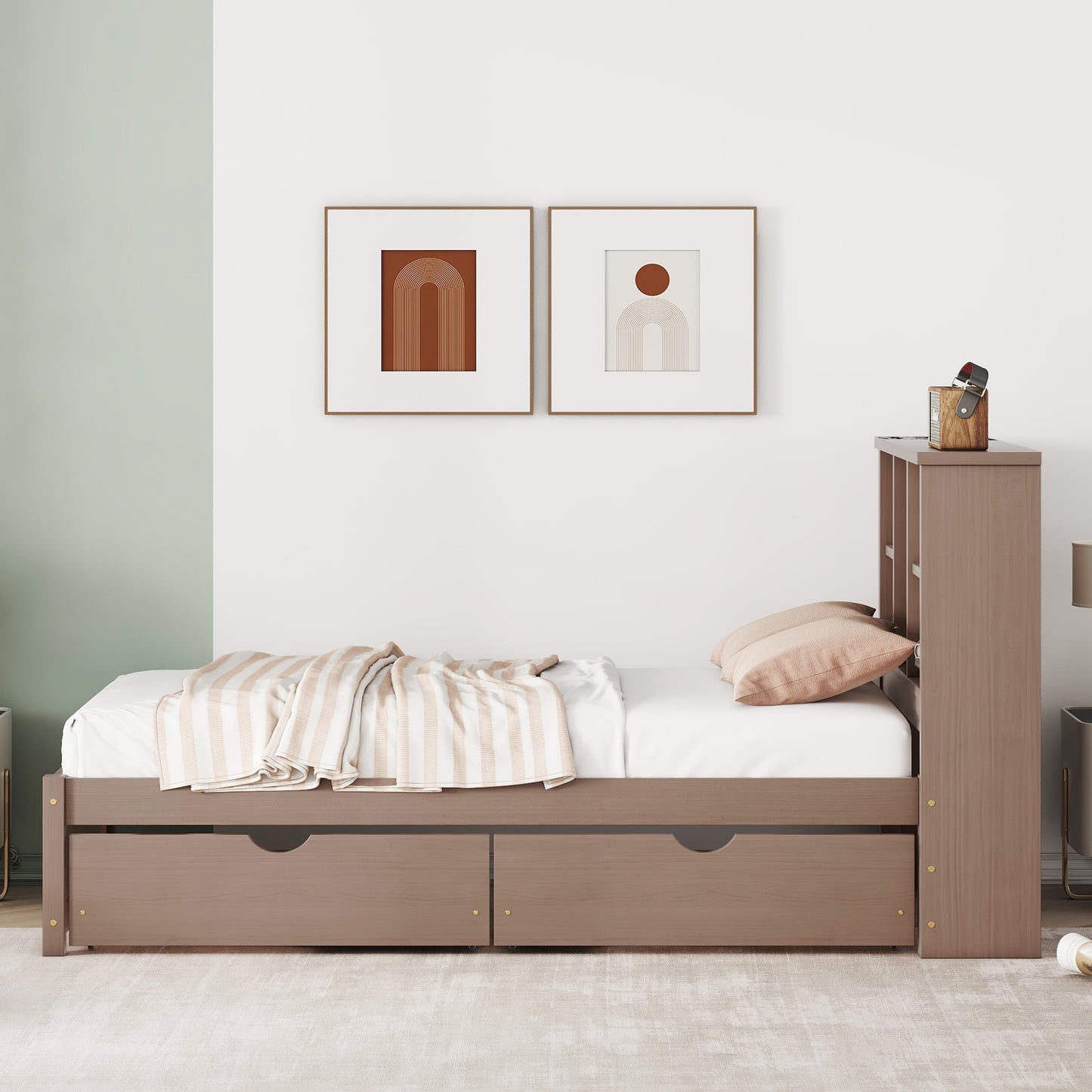 Modern twin bed frame with USB port, bookcase headboard, and drawers, walnut