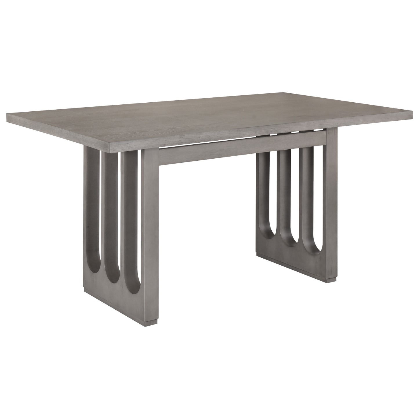 Wood dining table set for 6, grey table, beige upholstered chairs