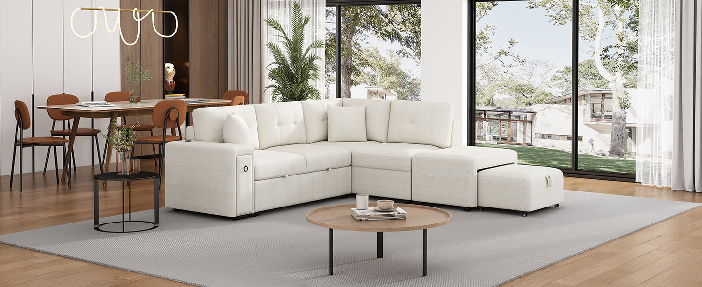 86.6 L-Shaped Sofa Bed with Ottoman, USB Ports & Cup Holders, Beige