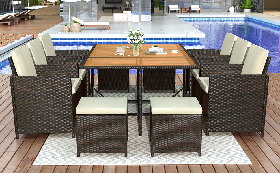 11-piece patio wicker dining set, brown rattan, beige cushions