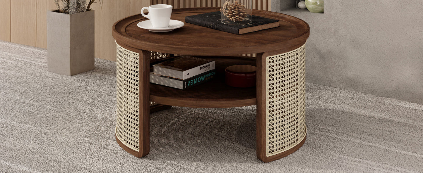 2-Tier Walnut Coffee Table with Rattan Base