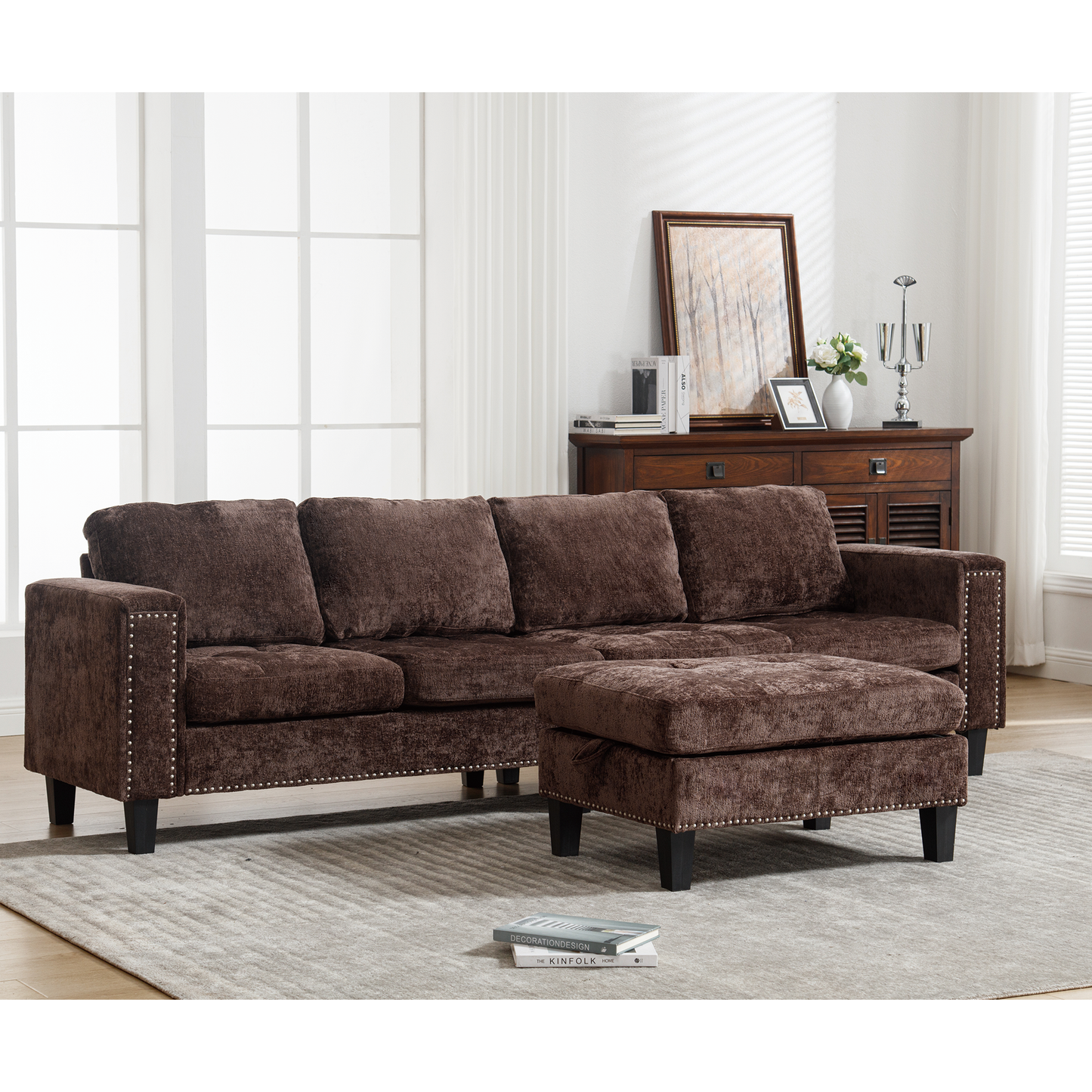 5-Seat Modular Sofa with Storage Ottoman, Reversible Chaise, Chenille, Brown