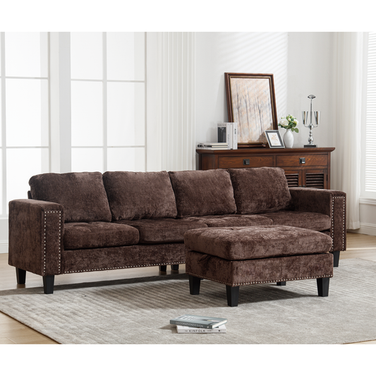 5-Seat Modular Sofa with Storage Ottoman, Reversible Chaise, Chenille, Brown