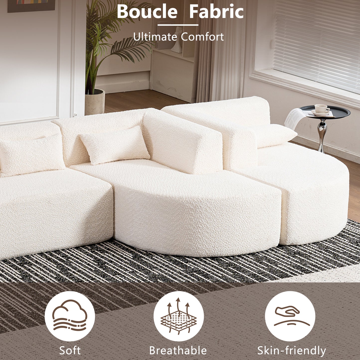 143.7 Upholstered Sofa with Chaise and Back Pillows, Beige