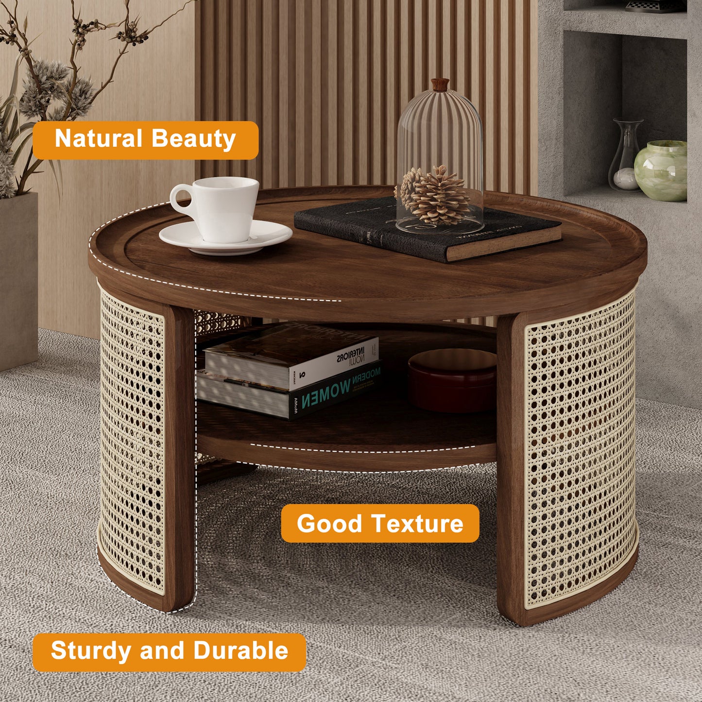 2-Tier Walnut Coffee Table with Rattan Base