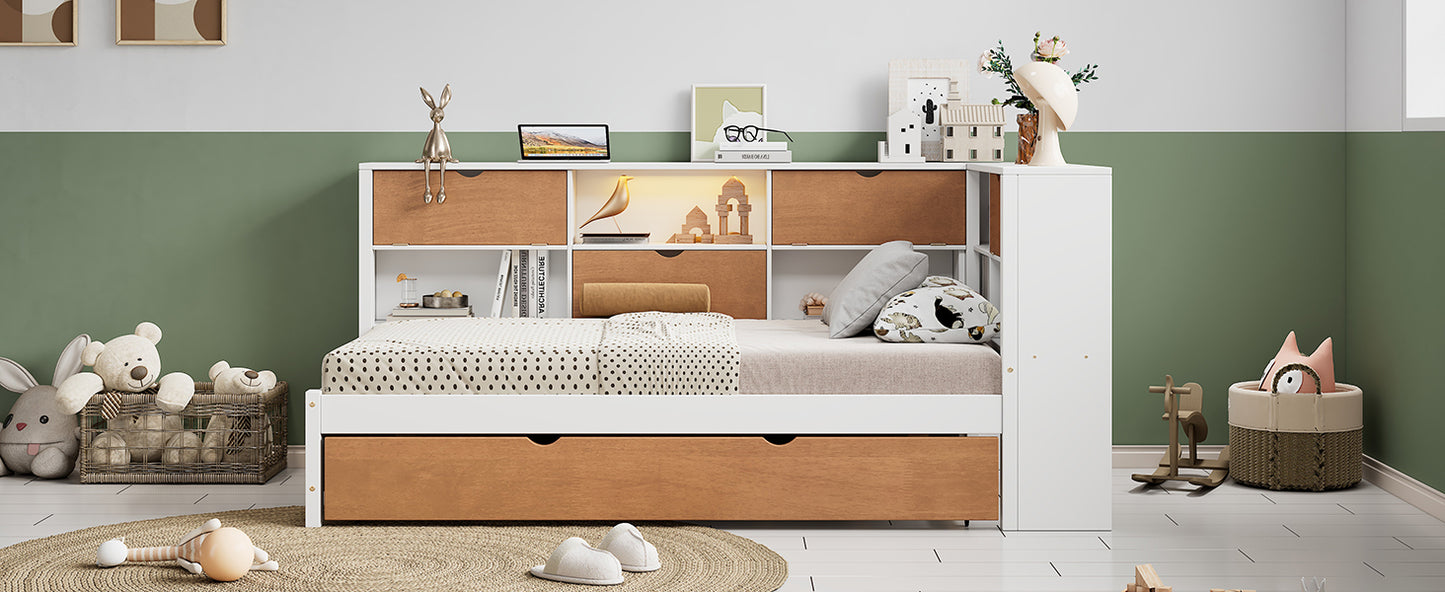 L-shaped twin bed frame with trundle, bookcase, LED light, walnut and white