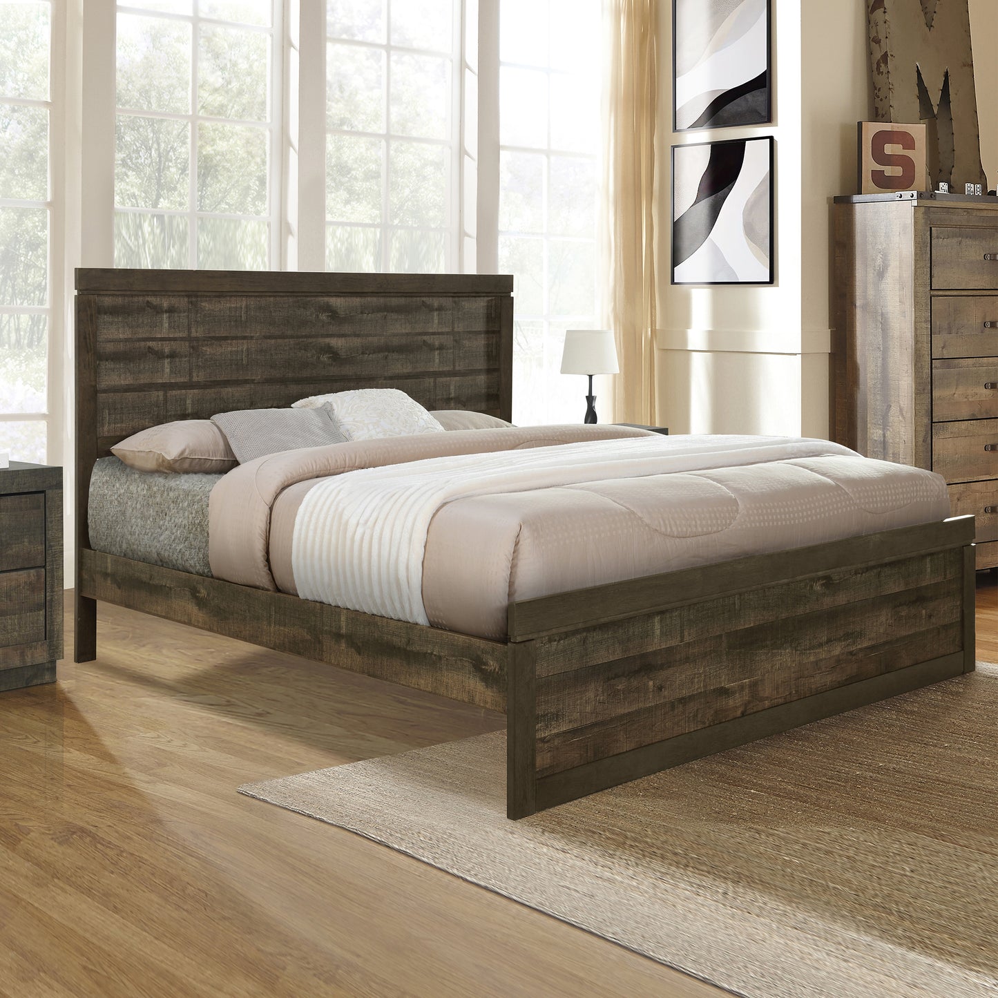 Vintage farmhouse king platform bed with wooden slats, rustic brown