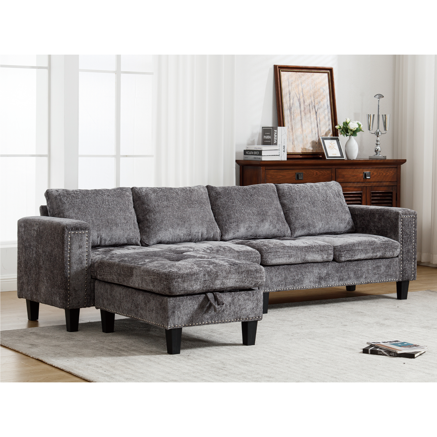 5-Seat Modular Sofa with Storage Ottoman, Reversible Chaise, Chenille, Gray