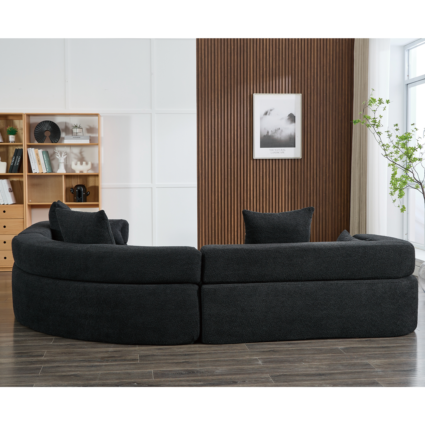 Oversized Curved 4-Seater Modular Sofa, 3-Piece Boucle, Black