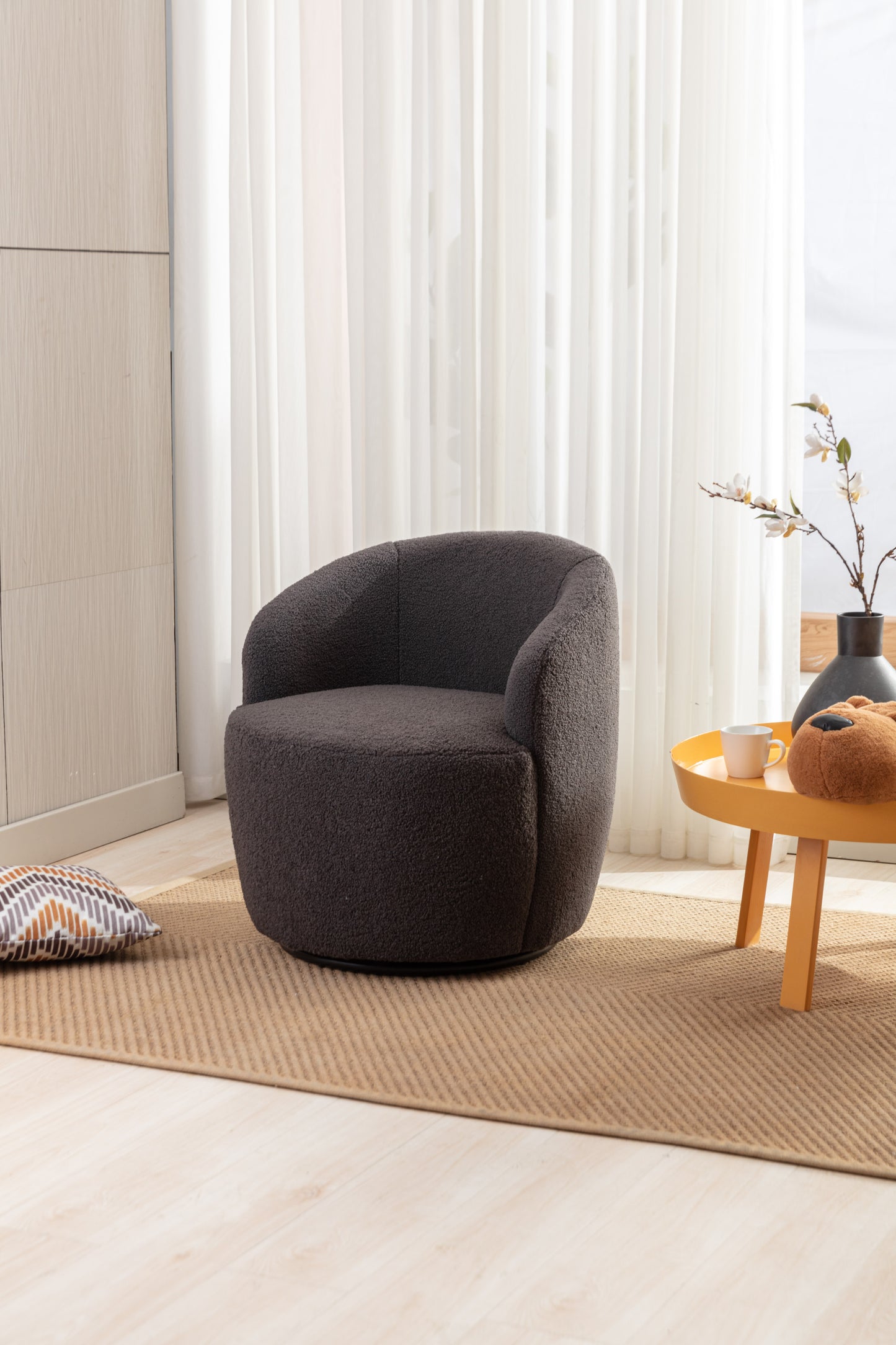 Accent Swivel Armchair with a black metal ring - Dark Grey