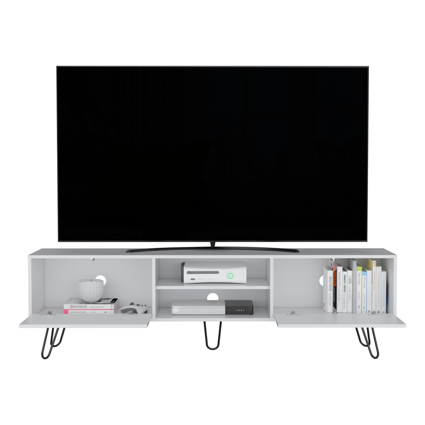 Vassel TV Stand with Hinged Drawers & Hairpin Legs