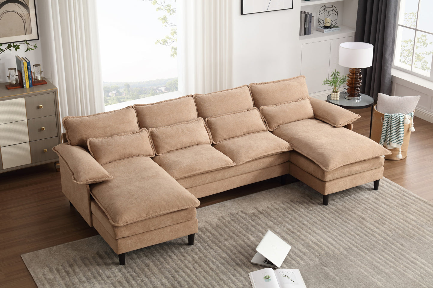 U-Shaped Modular Sectional Sofa with Chaise, 4 Seater, Terrycloth, Brown