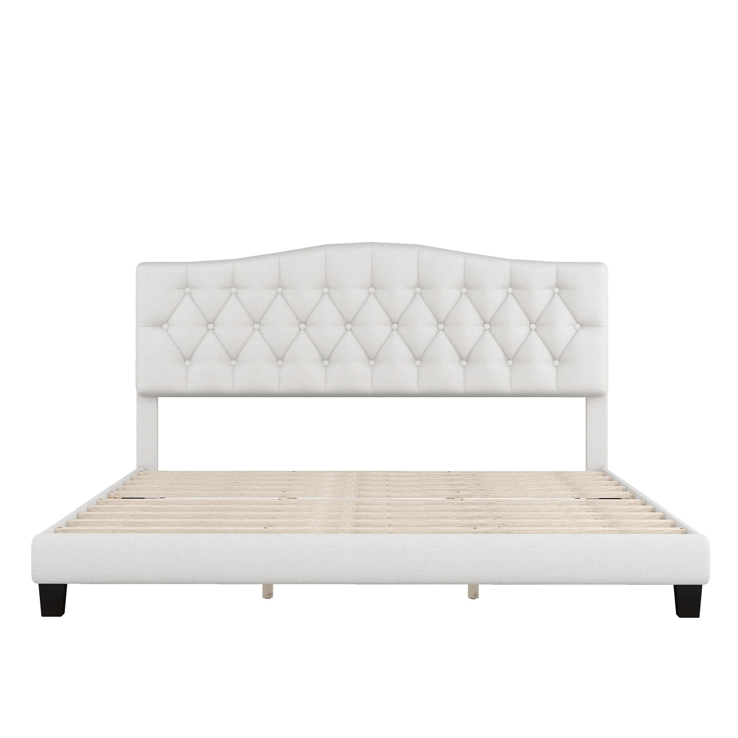 Upholstered king platform bed with curved headboard, beige