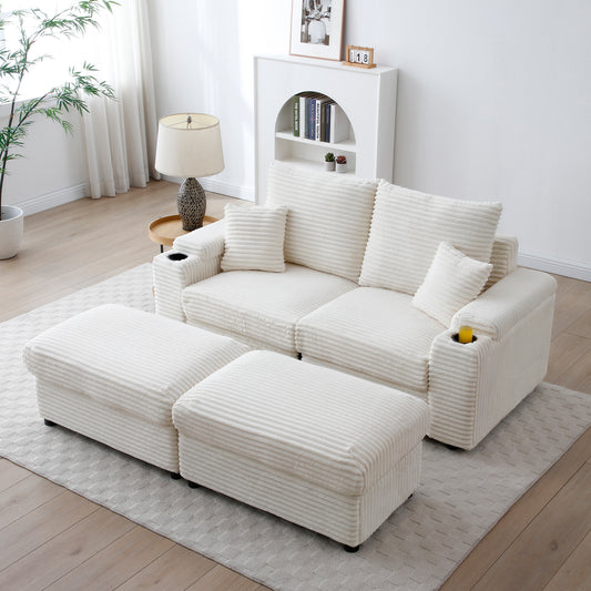 Loveseat with Ottomans, Corduroy Modular Sofa, Deep Plush, Beige