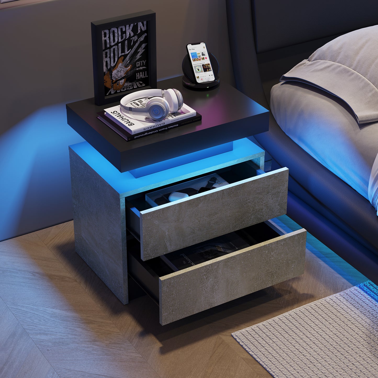 Modern LED nightstand with 2 drawers, gray