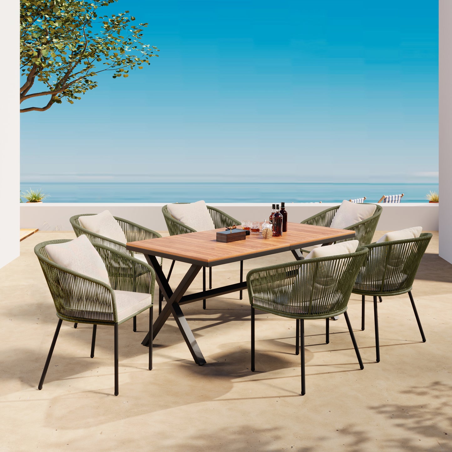 7-piece patio dining set with acacia wood tabletop, green