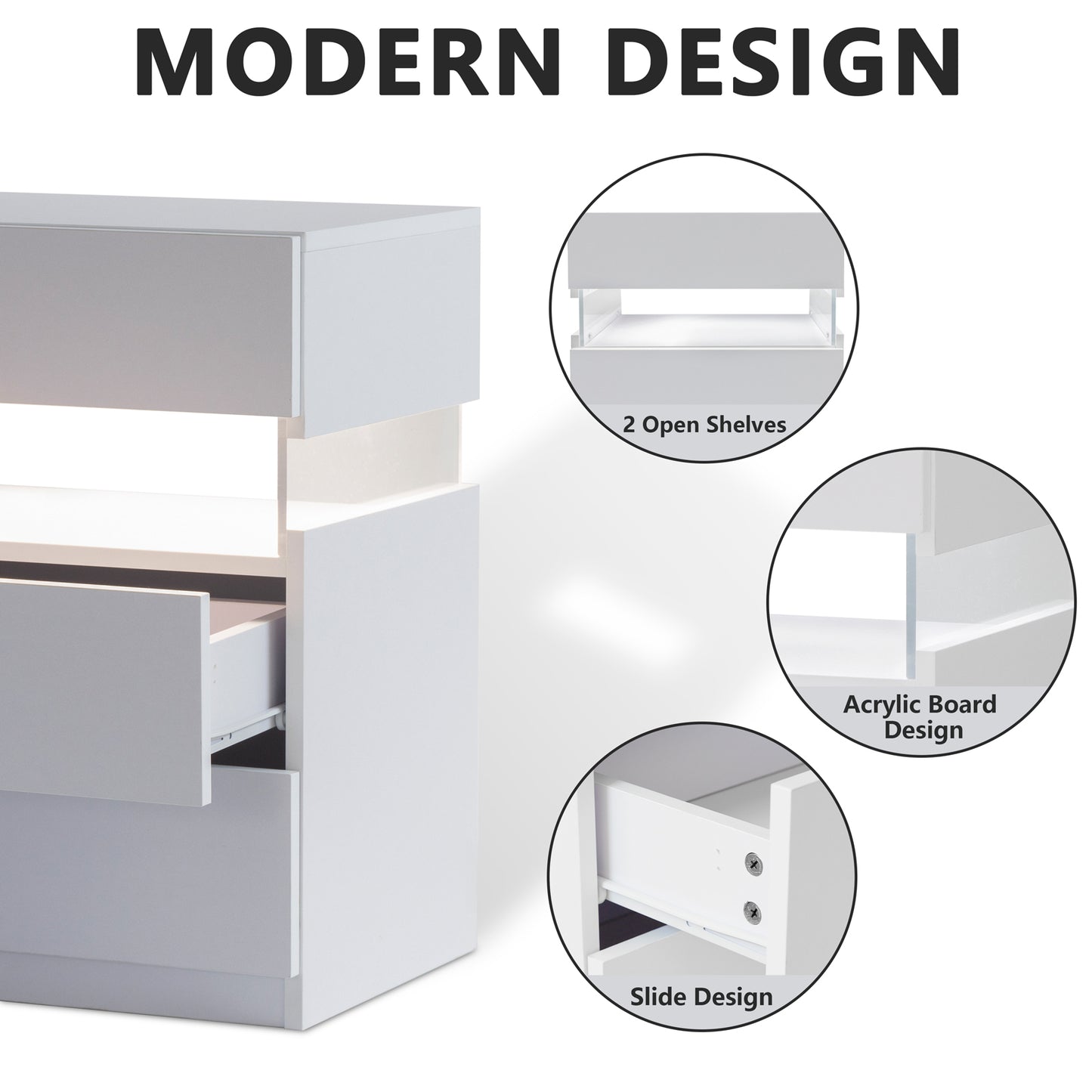 LED nightstand with 3 drawers and acrylic board, white