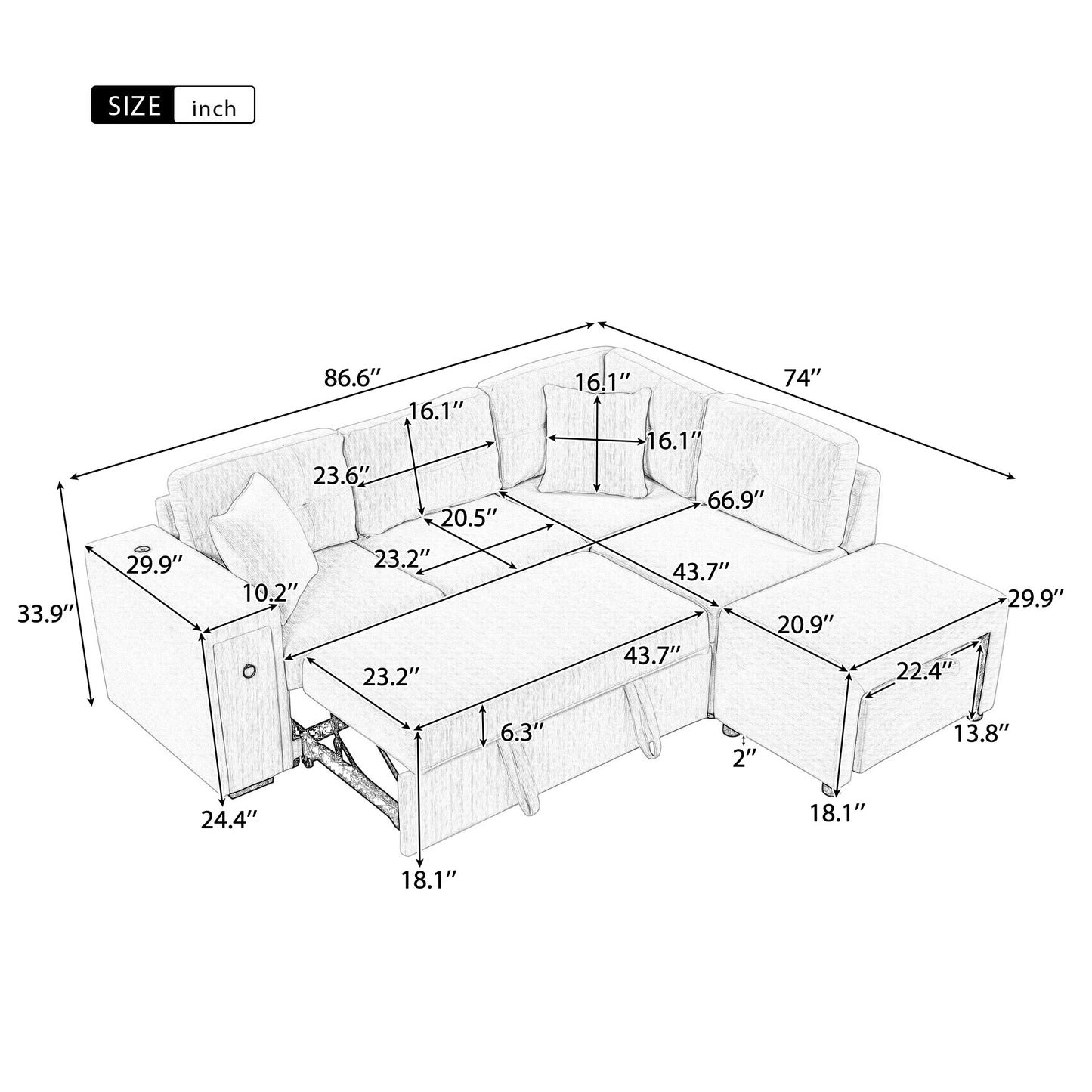 86.6 L-Shaped Sofa Bed with Ottoman, USB Ports & Cup Holders, Gray