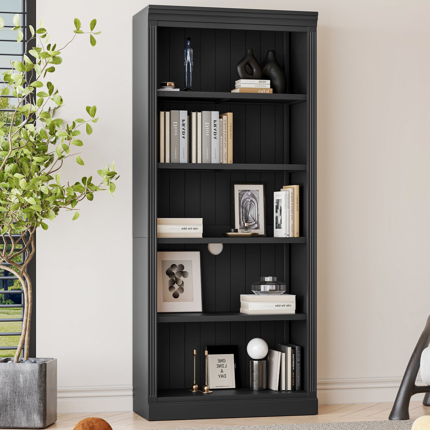 Wood Bookcase with Adjustable 5-Tier Shelves - Black