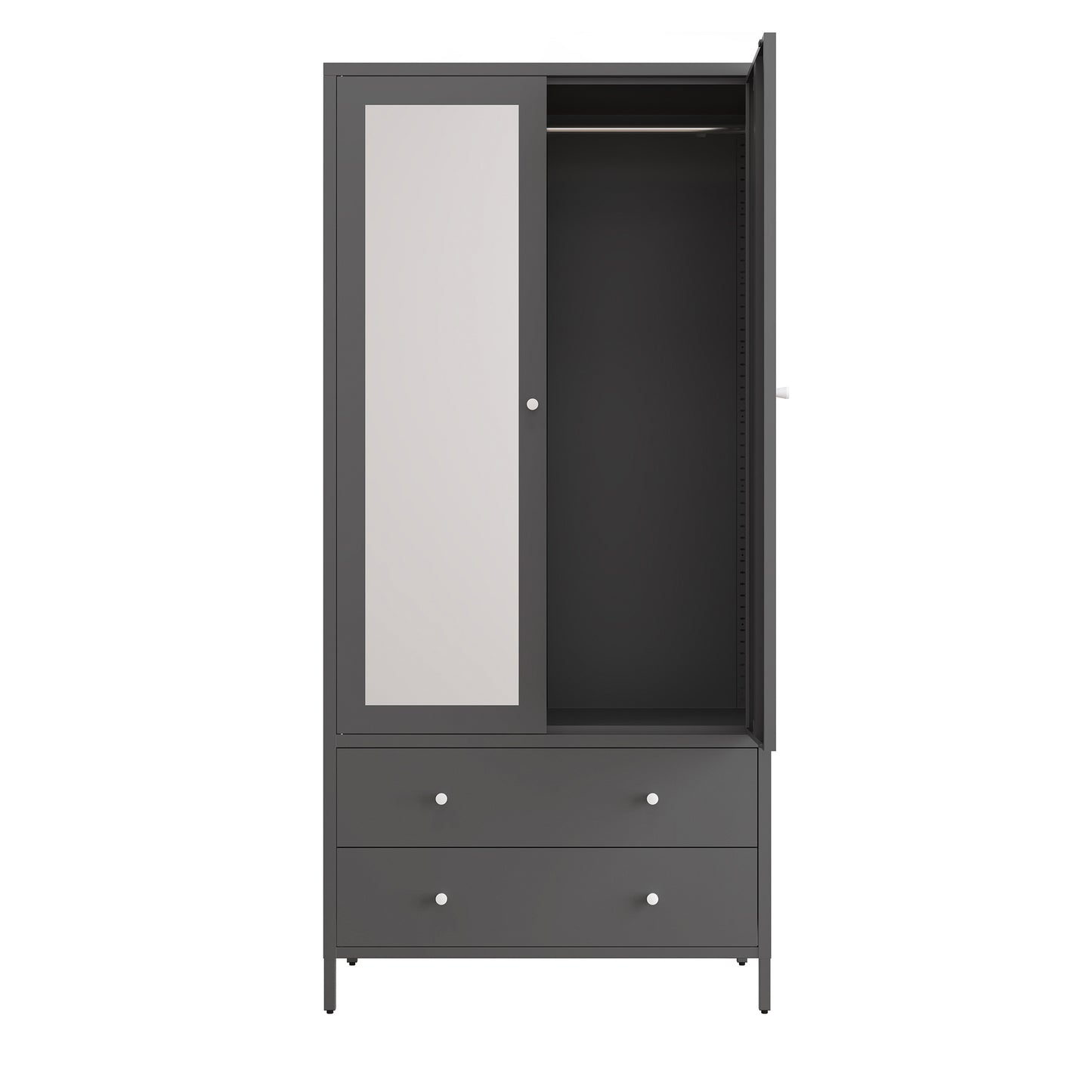 Metal dresser armoire wardrobe with mirror door, 2 drawers, and hanging rod, dark gray