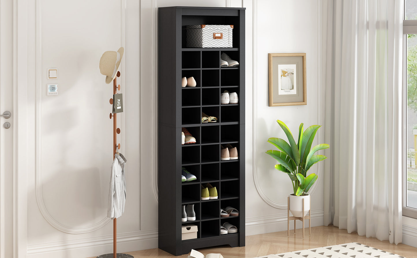 Stylish 30-cubby shoe cabinet, black