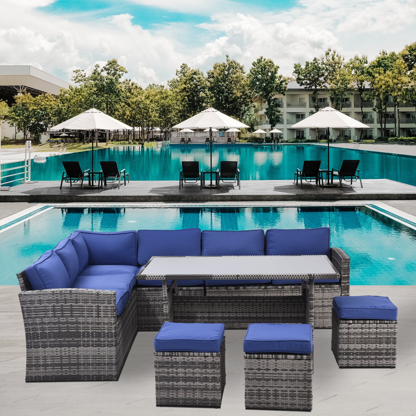 7-piece outdoor sectional sofa set with dining table, grey rattan, blue cushions