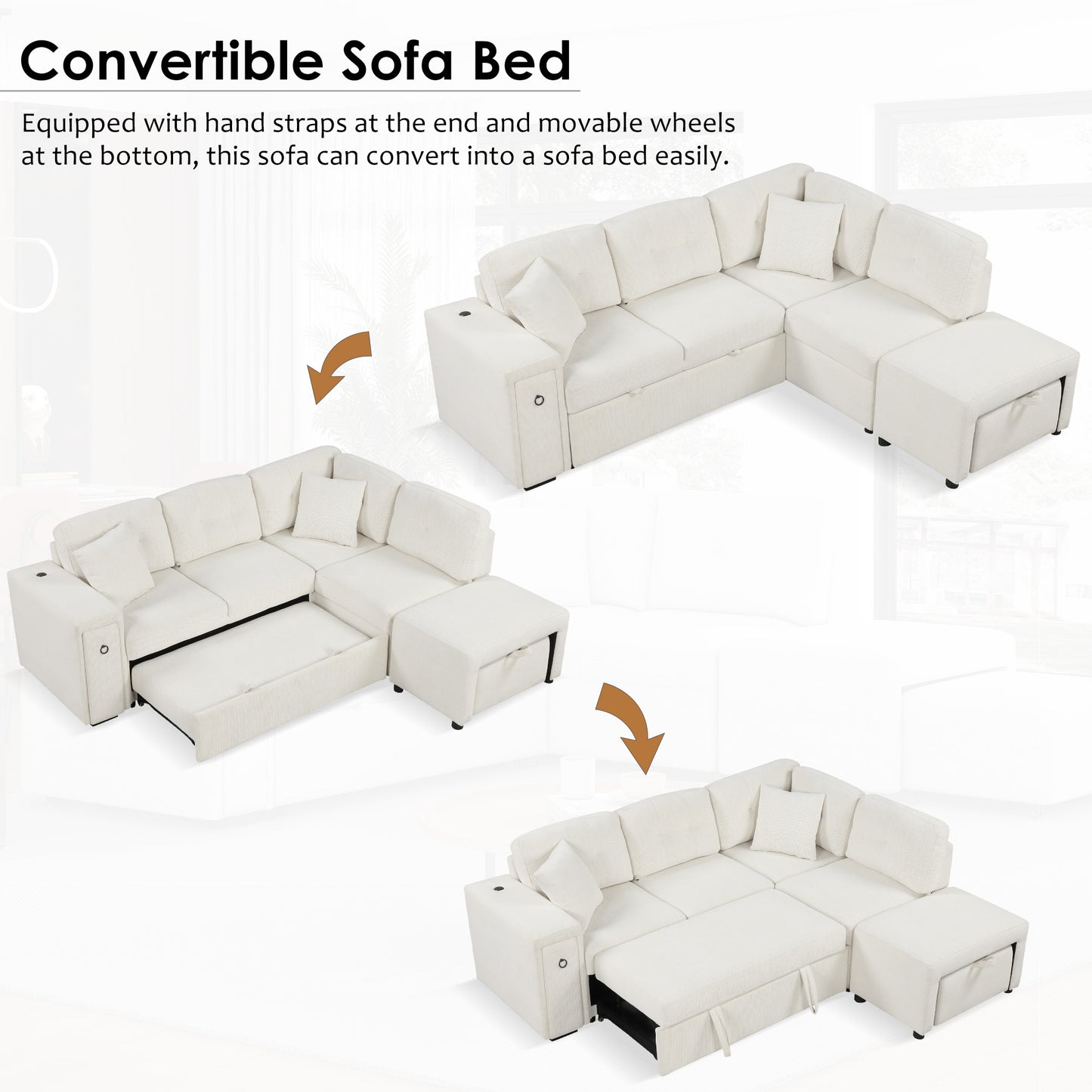 86.6 L-Shaped Sofa Bed with Ottoman, USB Ports & Cup Holders, Beige