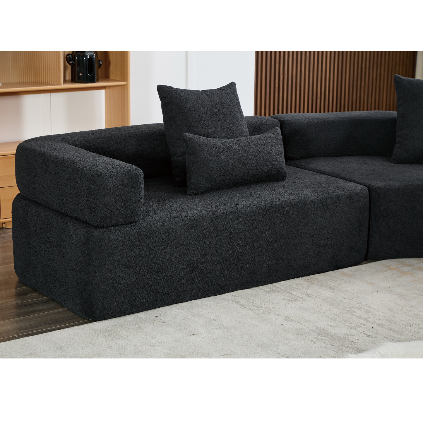 Oversized Curved 4-Seater Modular Sofa, 3-Piece Boucle, Black