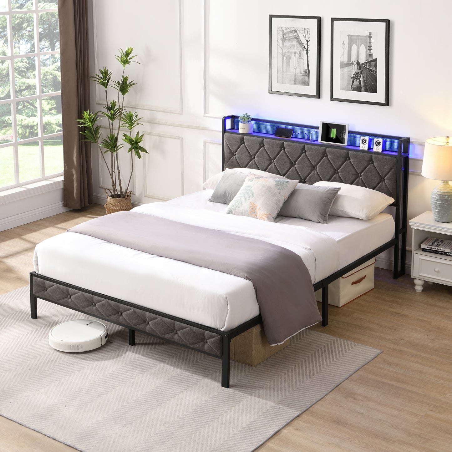 Queen bed frame with storage headboard and LED lights, dark gray