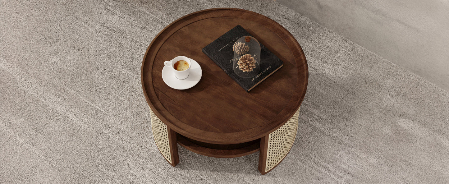 2-Tier Walnut Coffee Table with Rattan Base