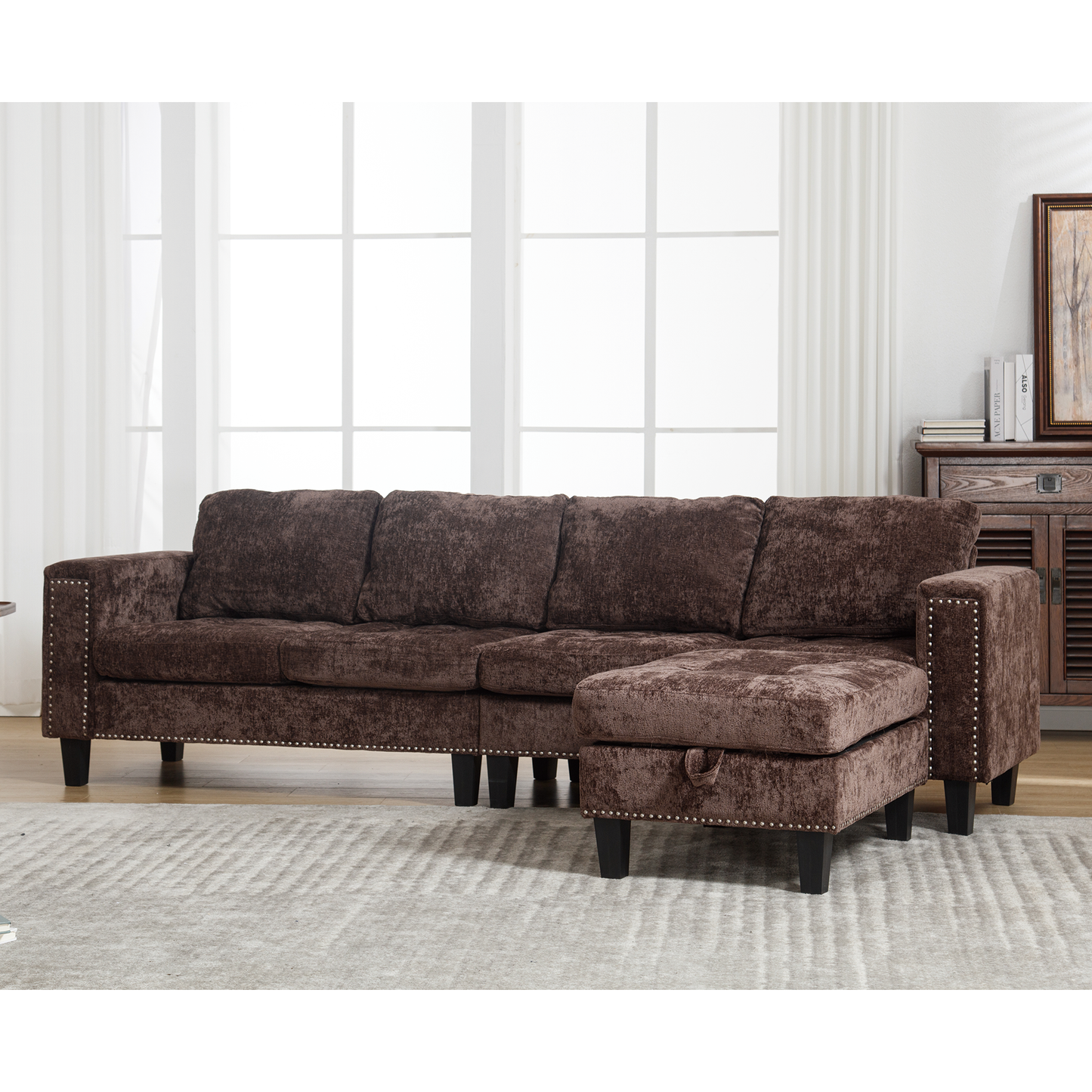 5-Seat Modular Sofa with Storage Ottoman, Reversible Chaise, Chenille, Brown