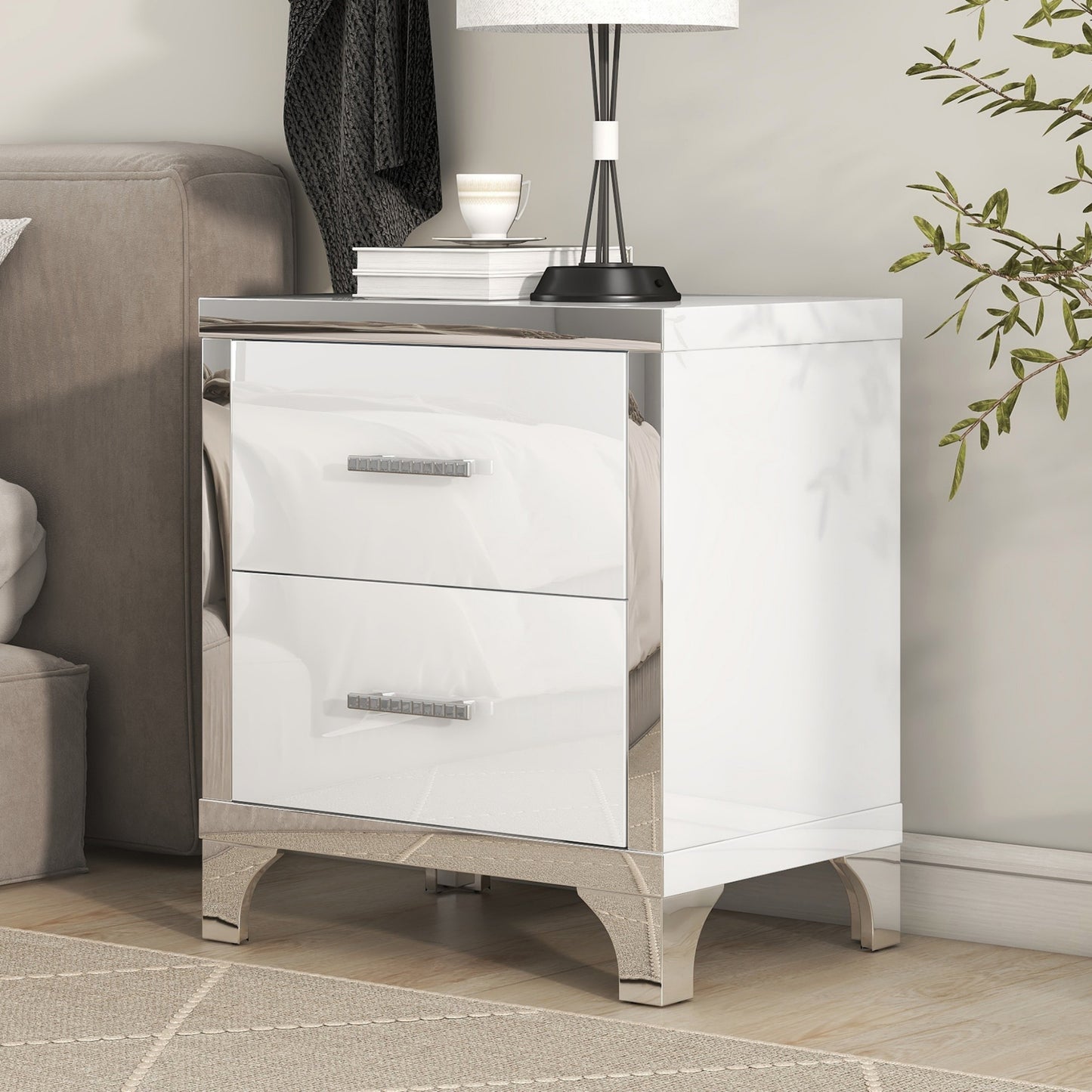 Elegant high gloss nightstand with 2 drawers, mirrored, white