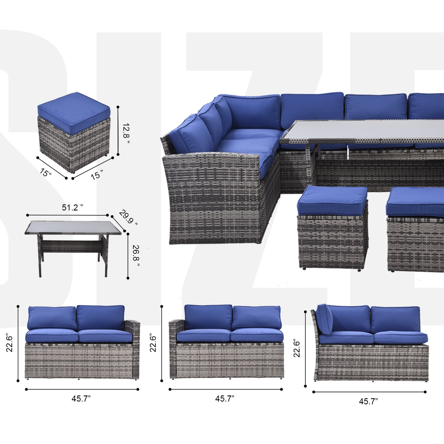 7-piece outdoor sectional sofa set with dining table, grey rattan, blue cushions