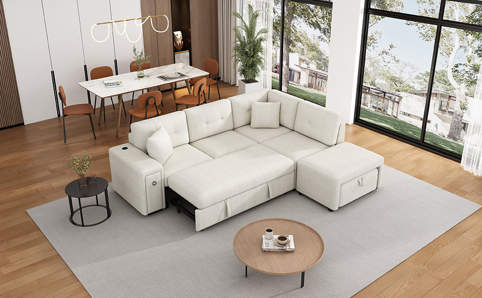 86.6 L-Shaped Sofa Bed with Ottoman, USB Ports & Cup Holders, Beige