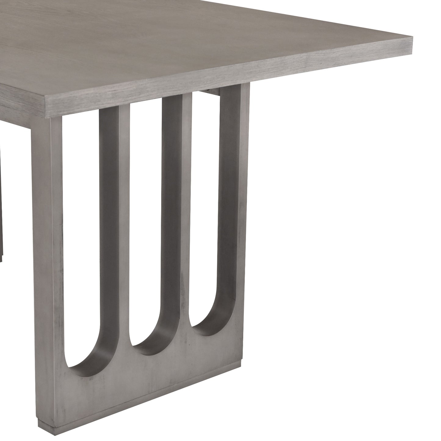 Wood dining table set for 6, grey table, beige upholstered chairs