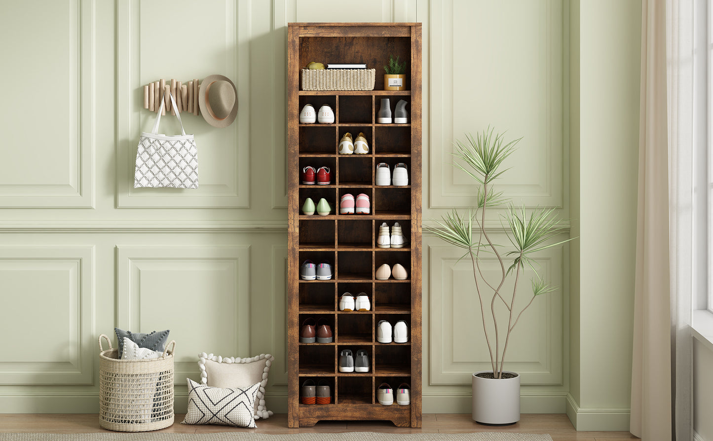 Stylish 30-cubby shoe cabinet, rustic brown