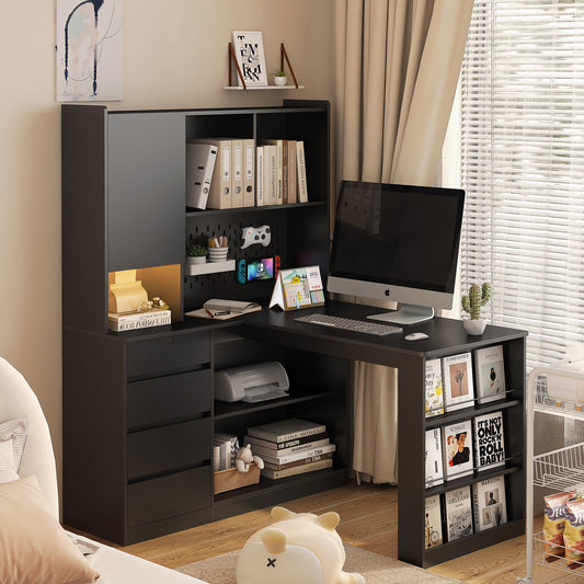 L-Shaped Desk with Drawers, Bookshelf, Hutch, LED, and Storage