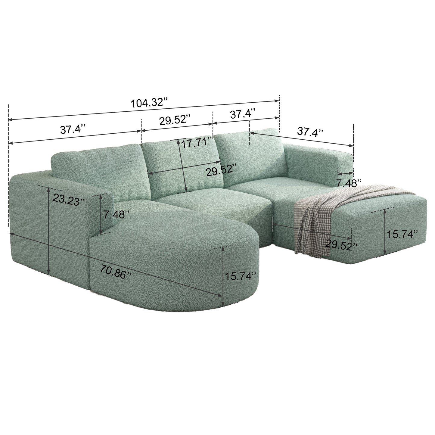 133.84''x70.86'' Modular U-Shaped Sleeper Sofa with Chaise and Ottoman, Light Green