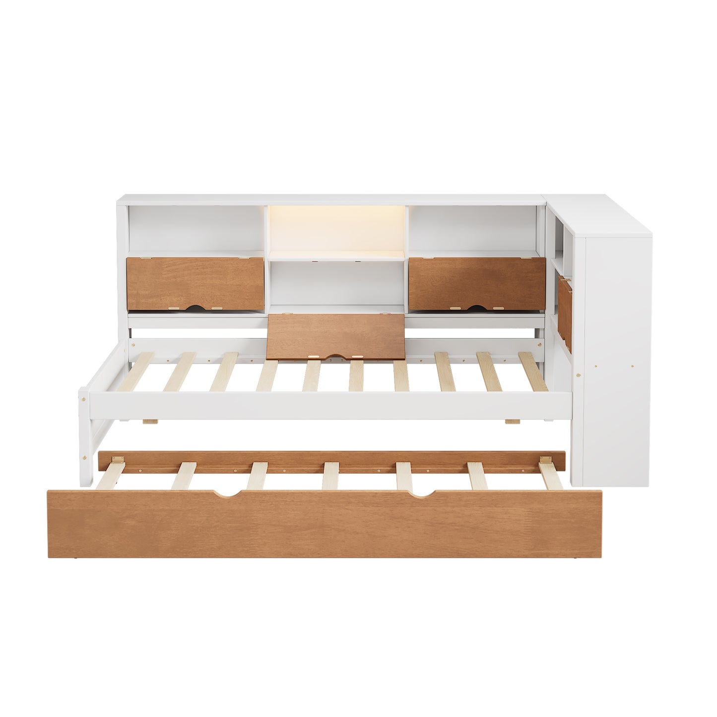 L-shaped twin bed frame with trundle, bookcase, LED light, walnut and white